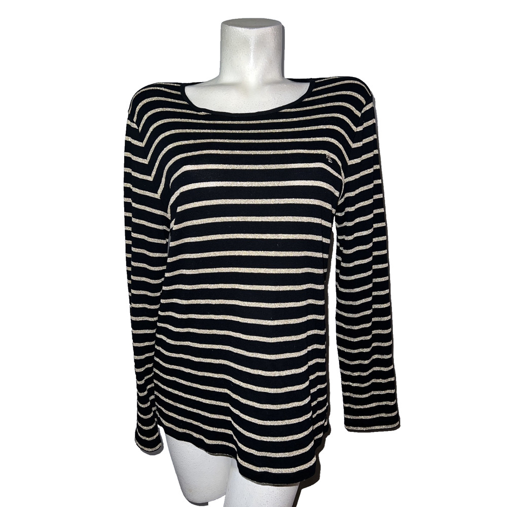 Lauren Ralph Lauren Top Womens Sz XL Black Gold Metallic Sparkle Stripe LS Shirt
